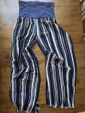 Valentine Wide Leg Pants Striped High Waisted Navy White Flowy Size L